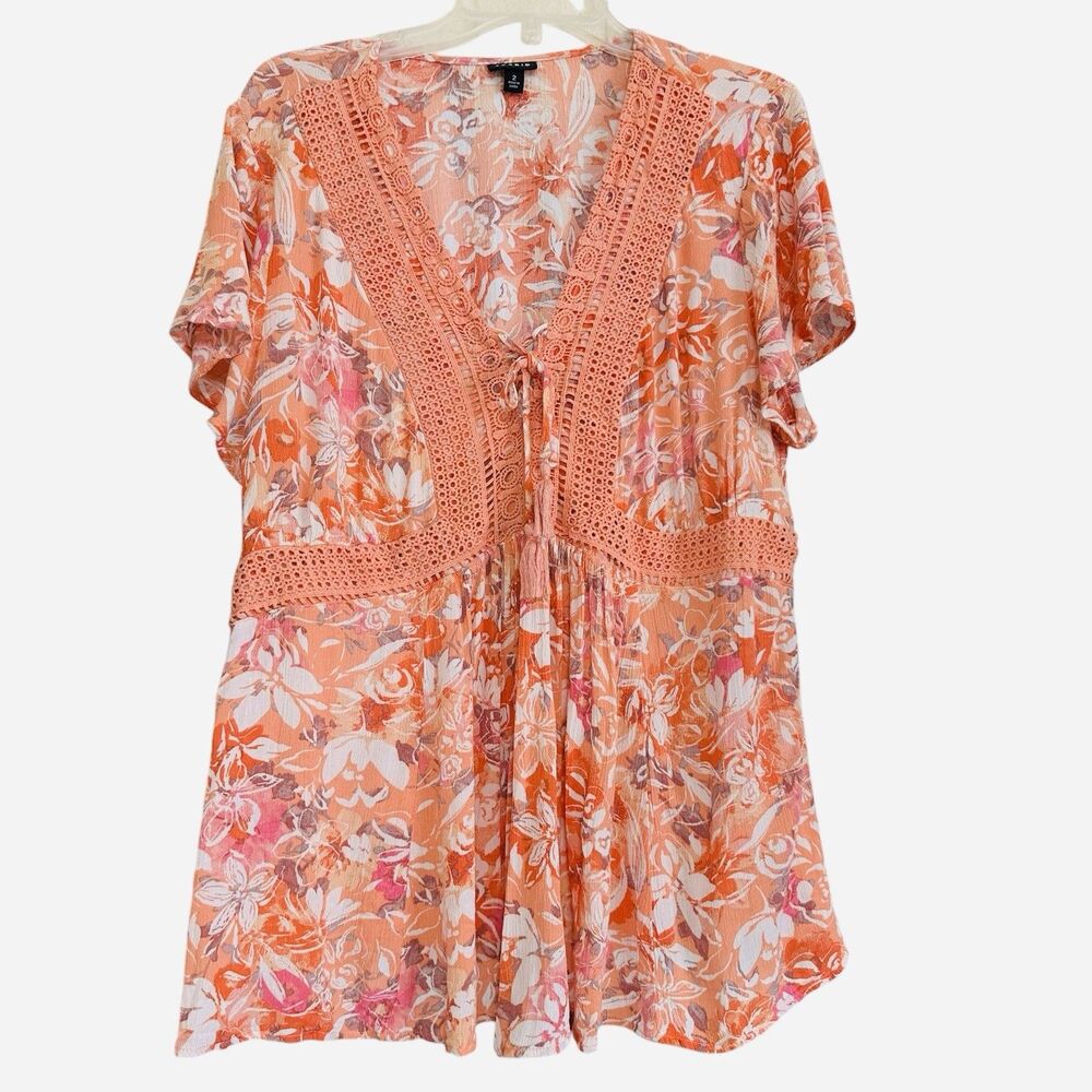 Torrid‎ Peach Pink Top Blouse Sz 2X Crochet Tassel Short Sleeve Boho